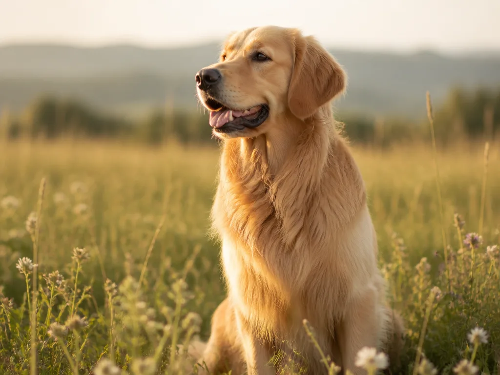 Golden retriever sitter i ett soligt fält med naturligt ljus och grunt skärpedjup