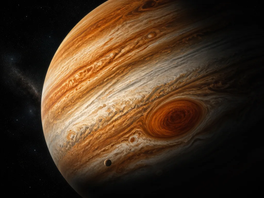 Jupiter i rymden med sina karaktäristiska molnband och Stora röda fläcken mot en stjärnbeströdd bakgrund