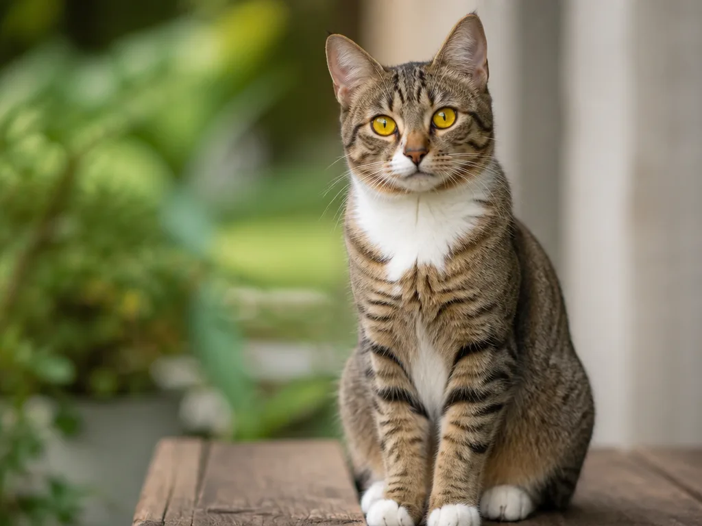 Katt med bärnstensfärgade ögon sitter på en träyta i naturligt dagsljus