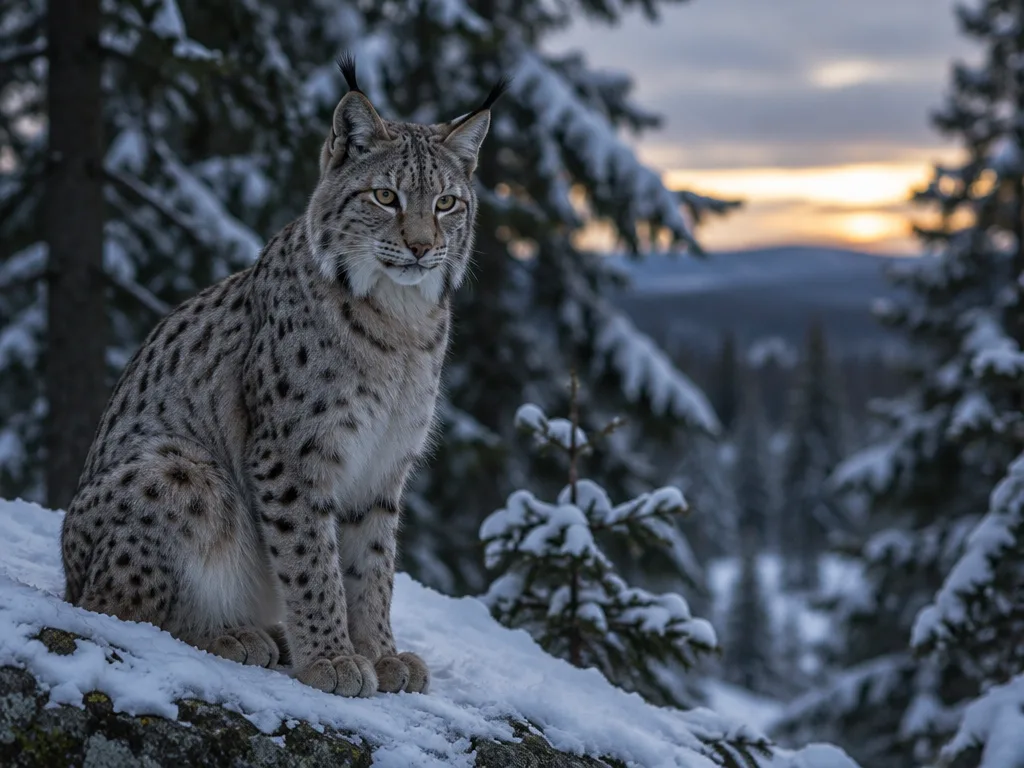 Lodjur med svarta örontofsar och fläckig grå vinterpäls sitter på en snötäckt sten i en granskog i skymningen
