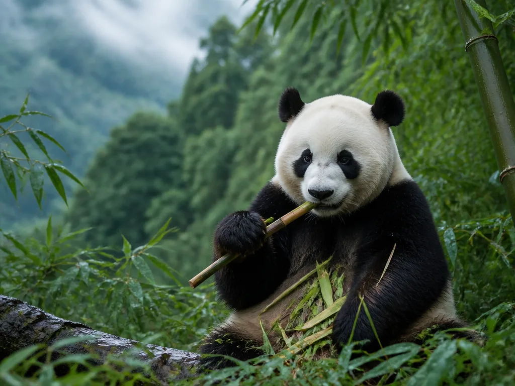 Jättepanda som sitter i en bambuskog och äter bambu