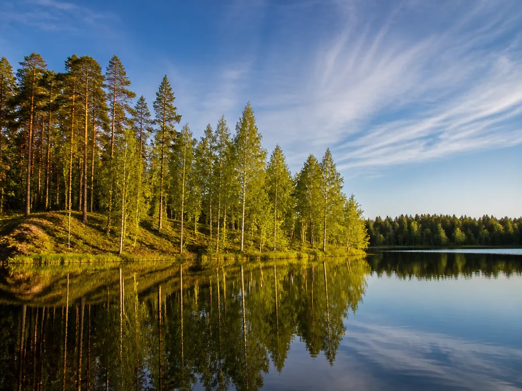 Svenskt sommarlandskap med barrskog, stilla sjö och björkträd som speglar sig i lugnt vatten