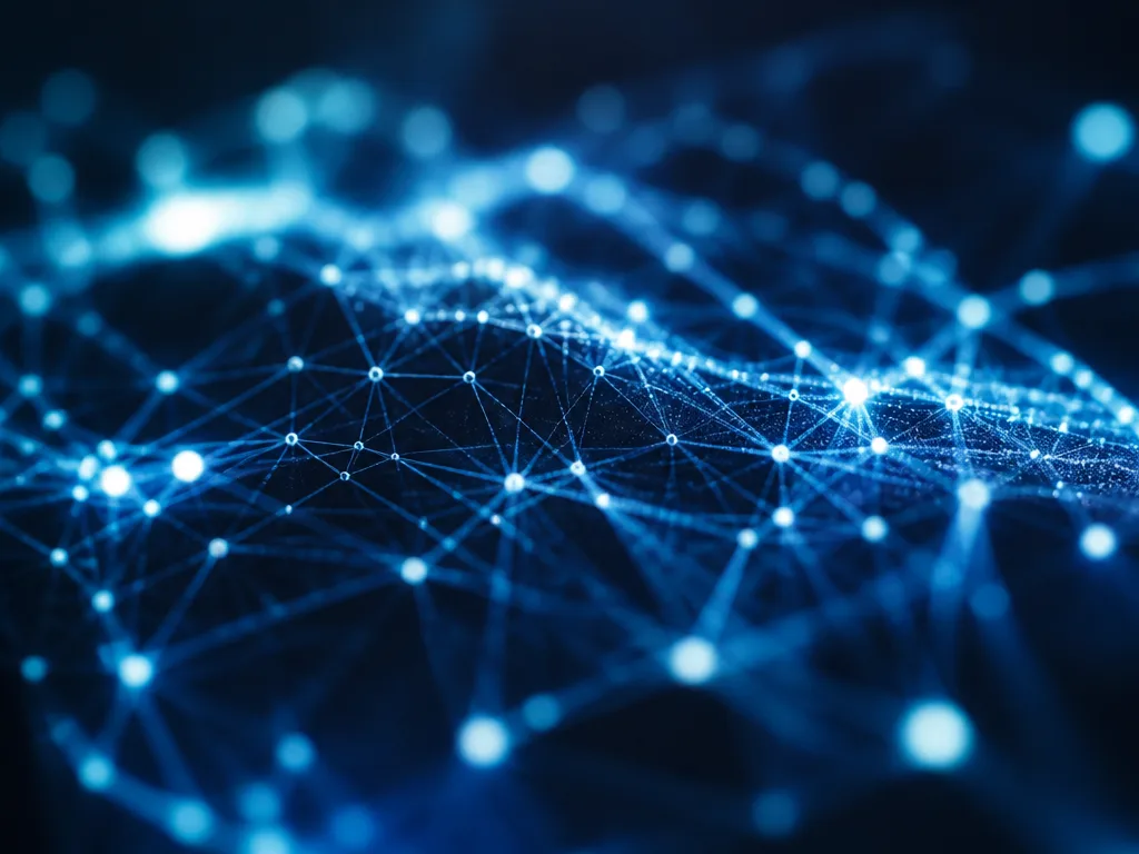 Abstrakt visualisering av artificiell intelligens med glödande nodfätverk och dataströmmar