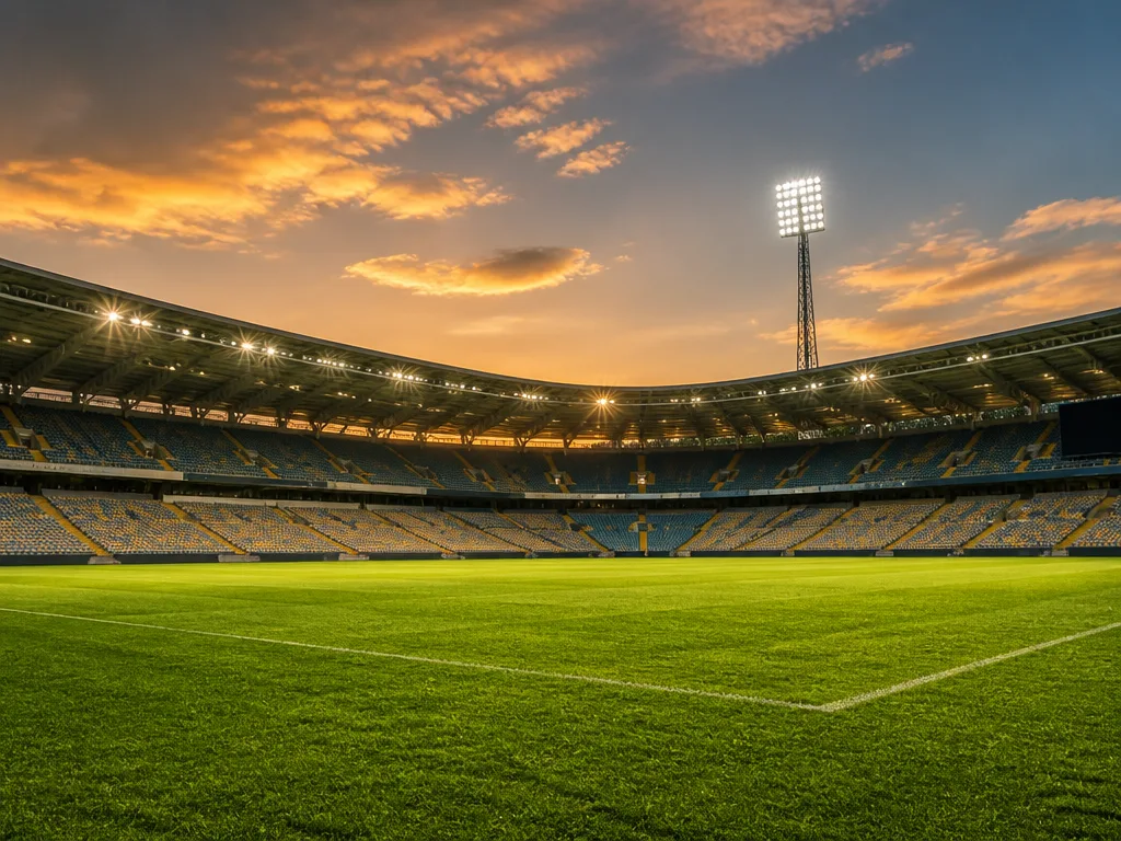 Tom svensk fotbollsarena med grön gräsplan i kvällsljus