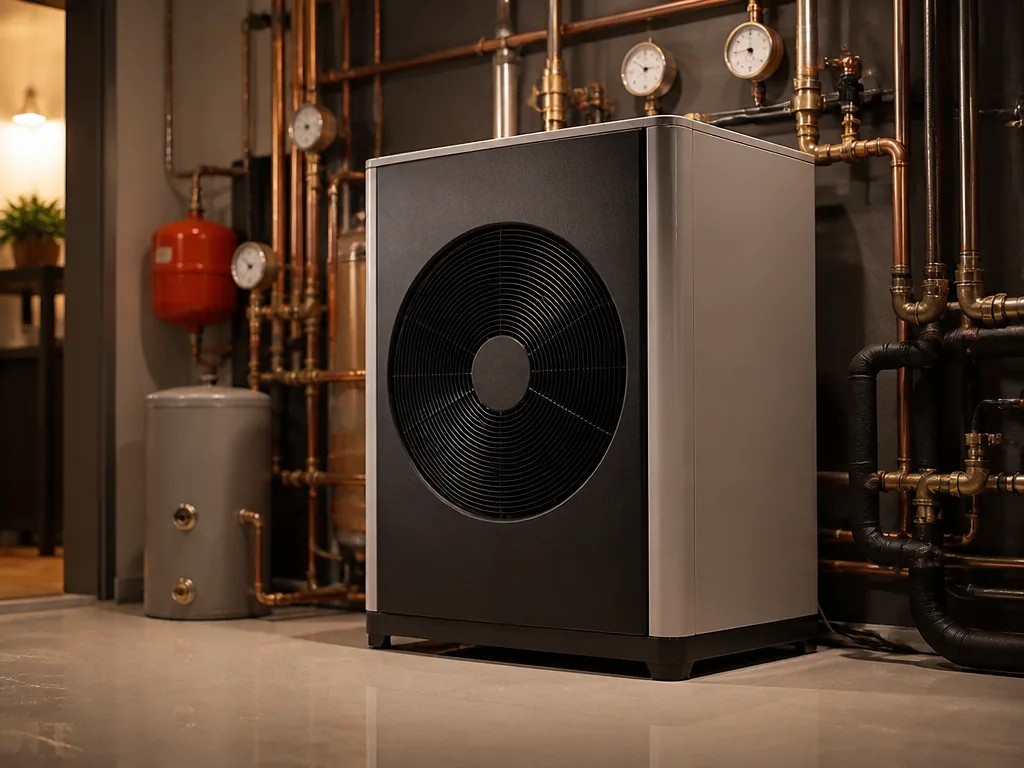 Modern bergvärmepump installerad i ett teknikrum med kopparrör och manometrar