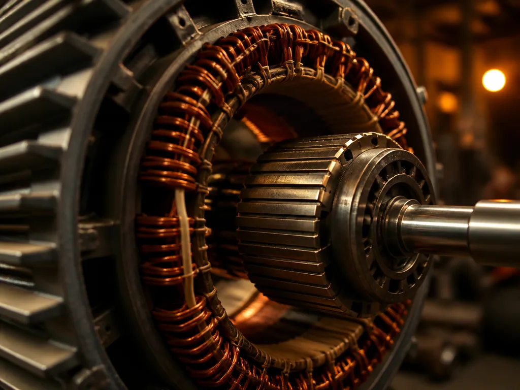 Närbild på en industriell elektrisk generator med kopparlindningar och roterande rotor i varmt verkstadsljus