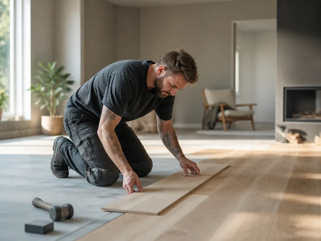 Hantverkare lägger trägolv i ljust skandinaviskt hem under renovering