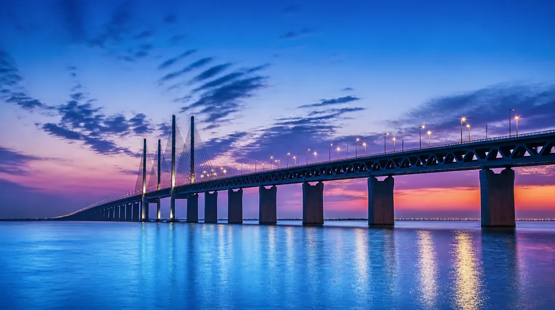Öresundsbron sträcker sig över Öresund i skymningsskimmer