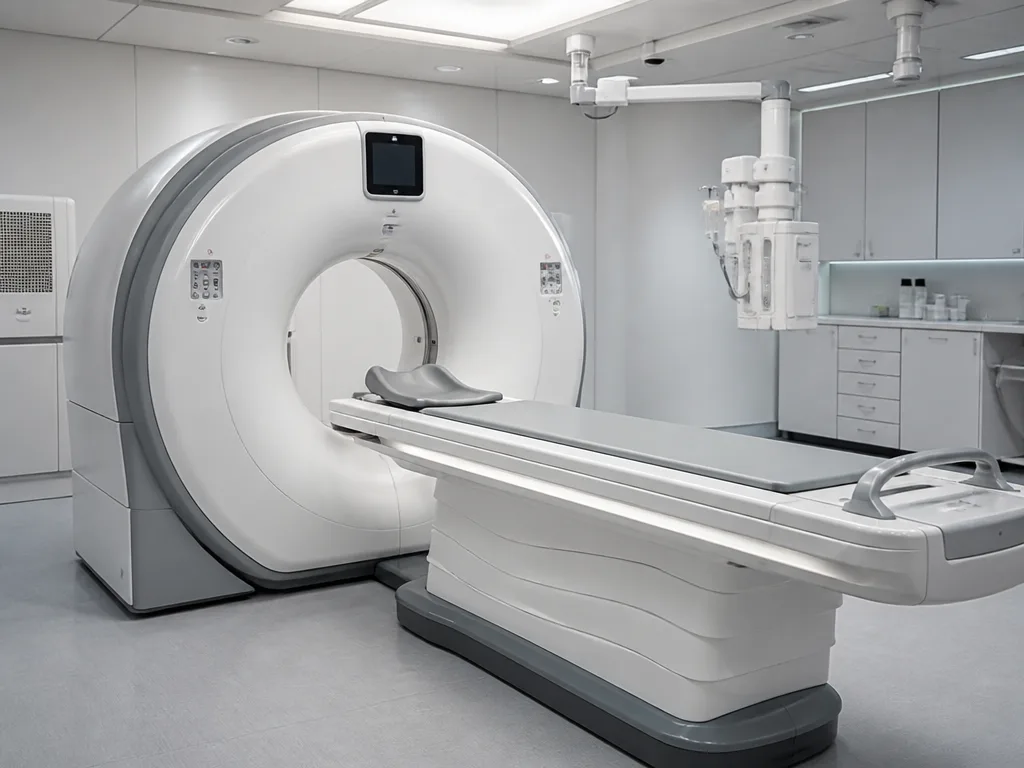 Modernt datortomografi-aggregat (CT-skanner) i ett kliniskt rent röntgenrum med mjuk vit belysning