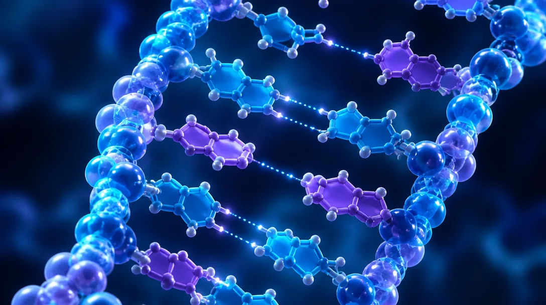 Illustration av DNA-baspar – adenin, tymin, cytosin och guanin kopplade i en stege