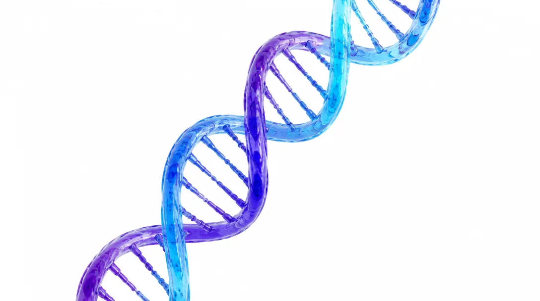 Elegant DNA-dubbelhelix som spiralerar mot ljus bakgrund med indigo- och cyanfärger