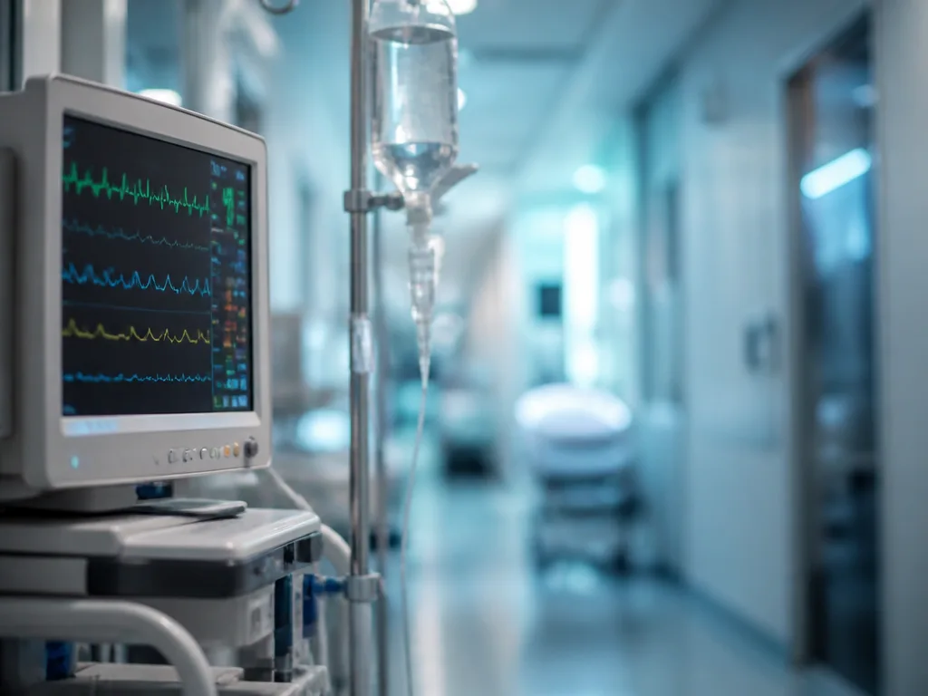 Sjukhuskorridor på akutmottagning med medicinsk övervakningsutrustning i mjukt blått ljus