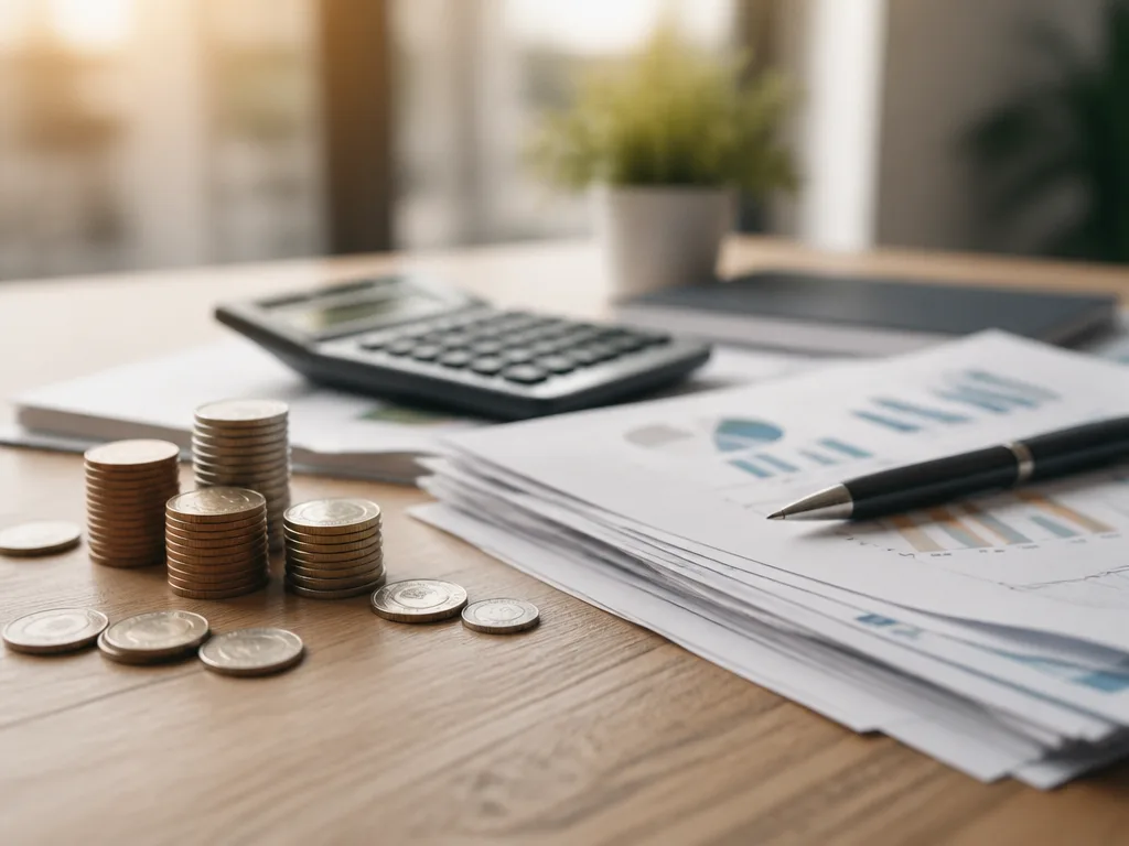 Mynt och finansdokument på ett träbord med kalkylator och penna – symbol för ekonomi och resurshantering