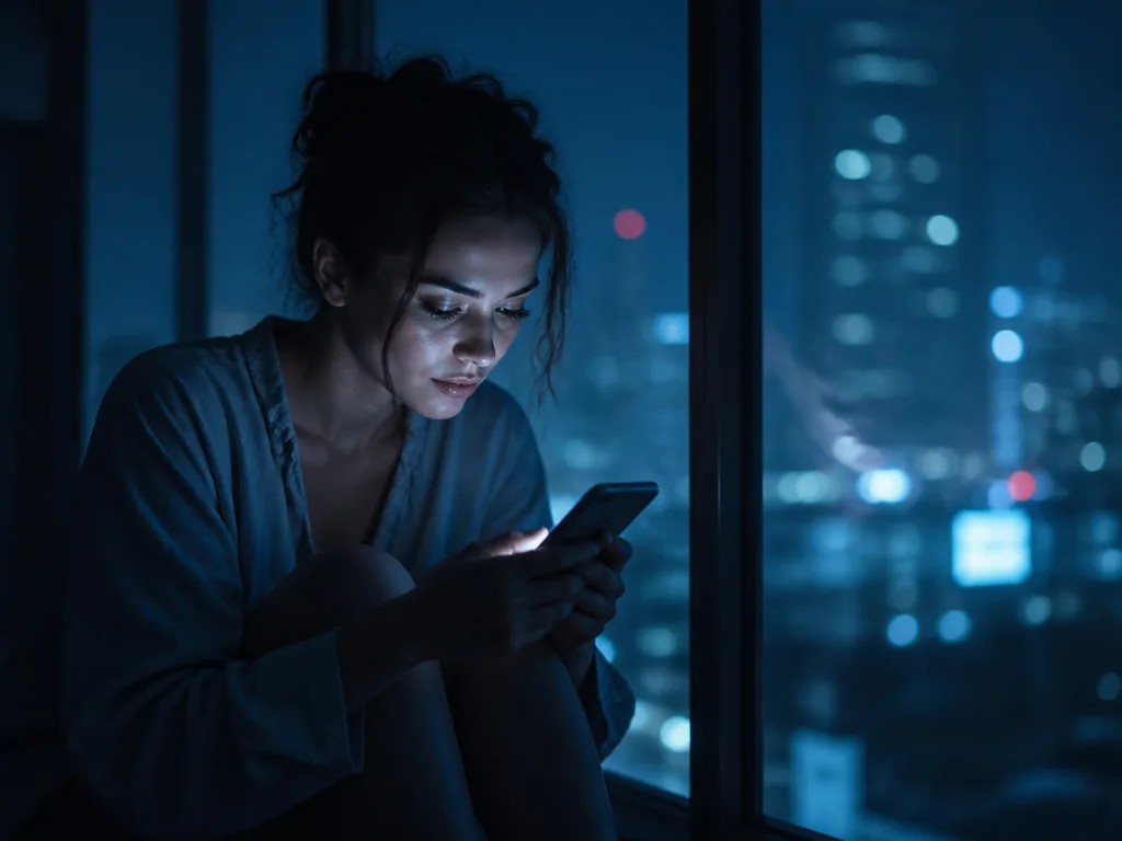 Person sitter ensam vid ett fönster på natten och tittar på en lysande smarttelefon i svagt blått ljus