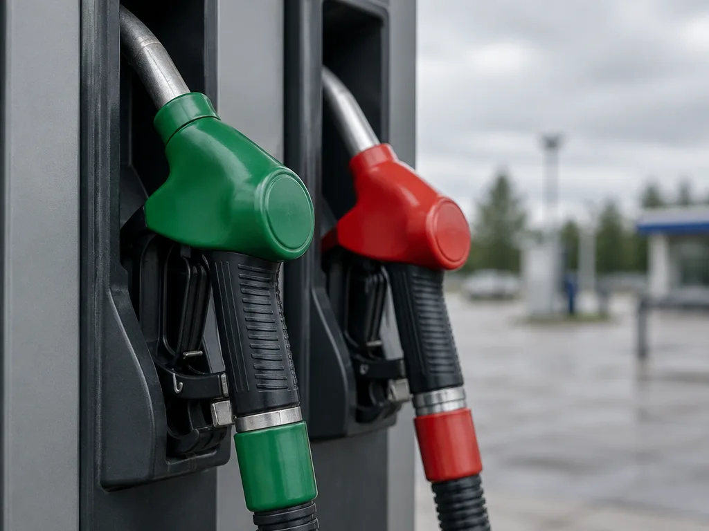 Tankmunstycken för diesel och bensin hänger sida vid sida på en bensinpump