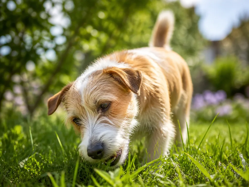 Hund som nosar och tuggar på grönt gräs i en solig trädgård