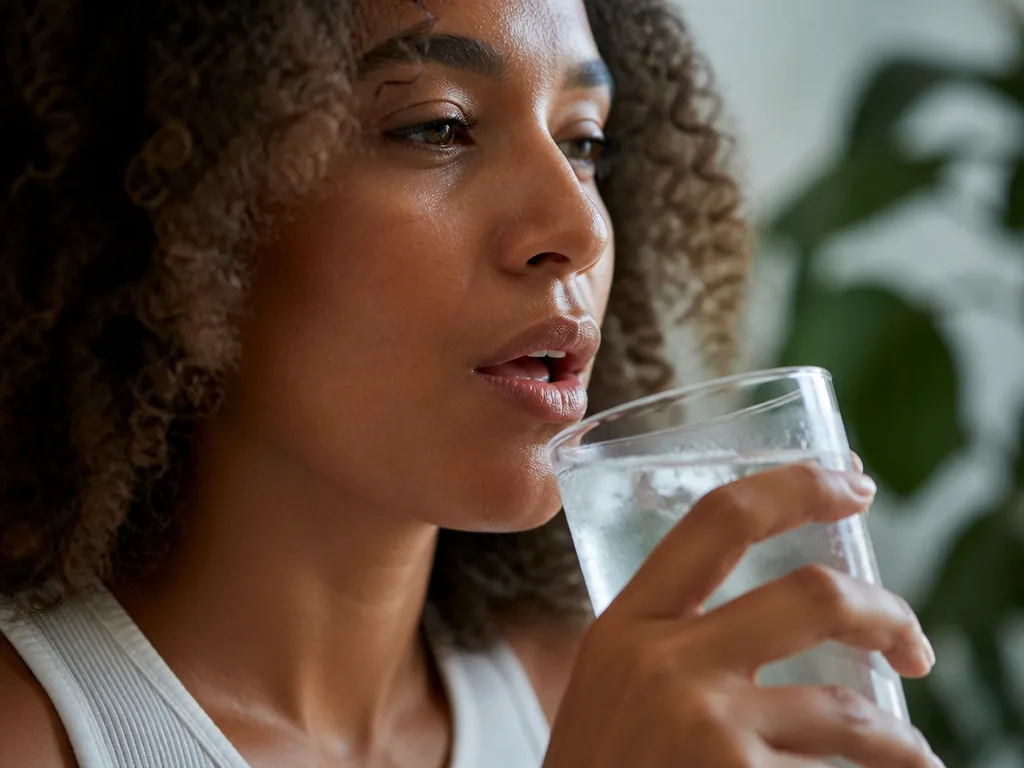 Närbild av en person som håller ett glas kallt vatten mitt i en andetag