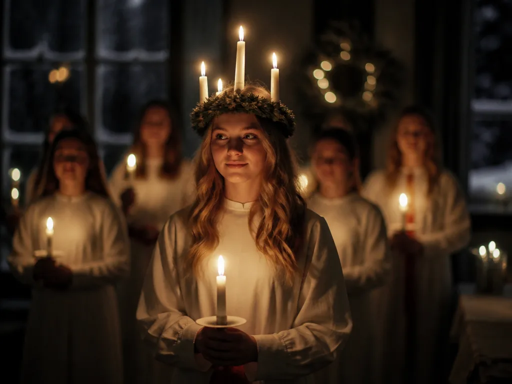 Vitklädd luciagestalt med ljuskrona och tänt ljus i handen i ett mörkt rum med varmt ljussken