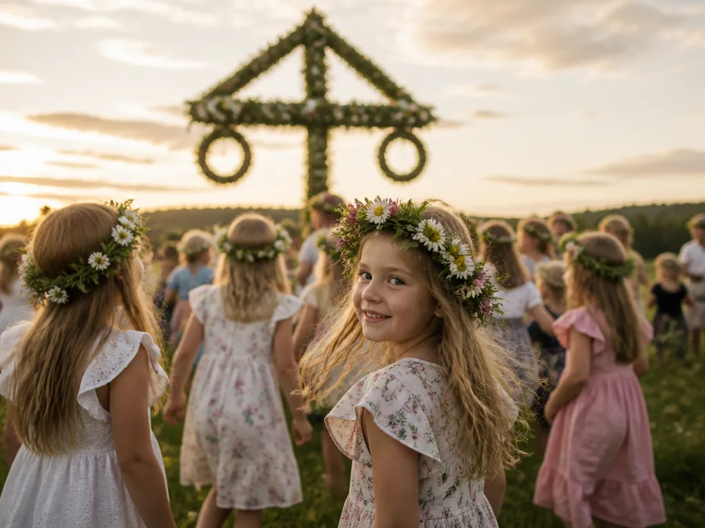 Lövad midsommarstång dekorerad med blommor i en äng vid gyllene kvällsljus