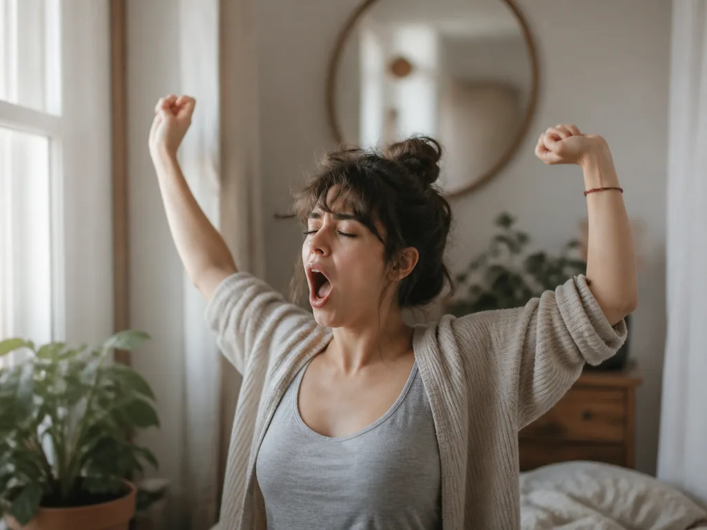 Person som gäspar och sträcker på sig i mjukt morgonljus