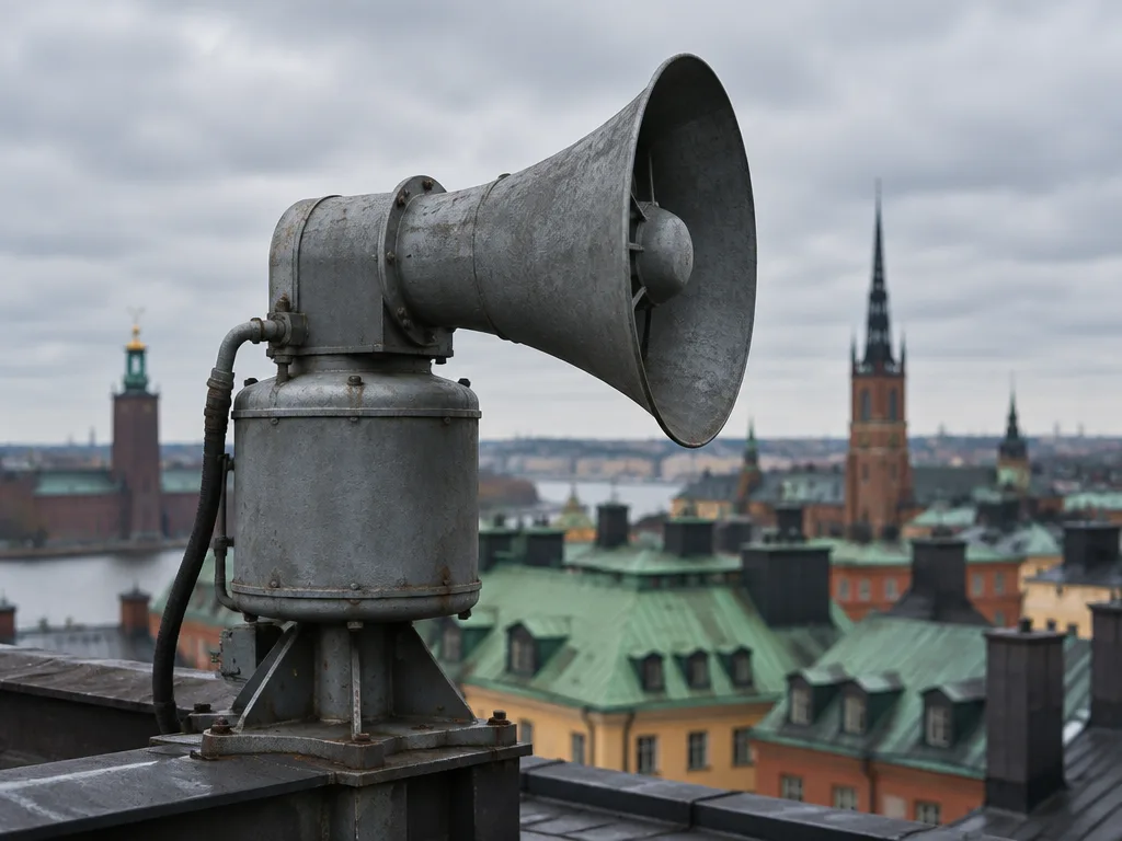 Gammal tryckluftstyfon för varningslarm på ett hustak med Stockholms takåsar i bakgrunden