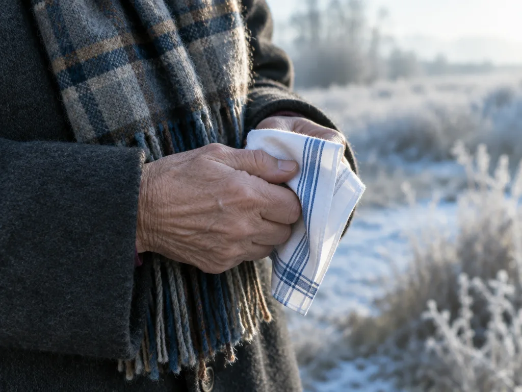 Äldre persons händer håller en tygnäsduk utomhus en frostig vintermorgon
