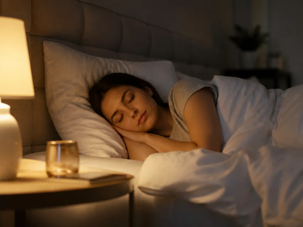Person som sover lugnt i en säng med varmt, mjukt ljus från ett sänglampa
