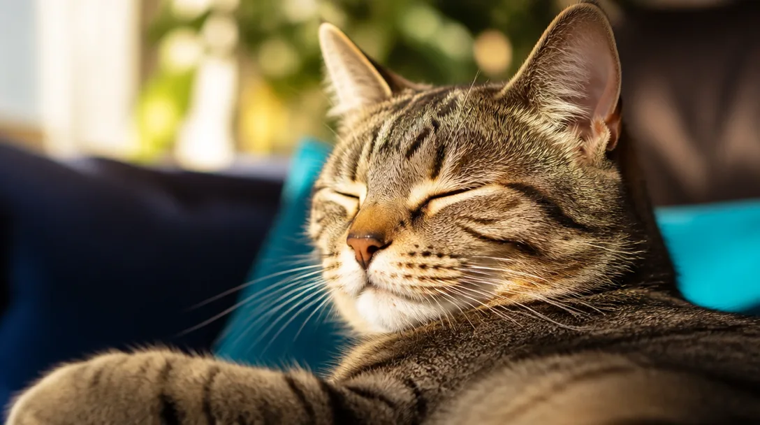 Spinnande katt som vilar bekvämt med stängda ögon i mjukt ljus