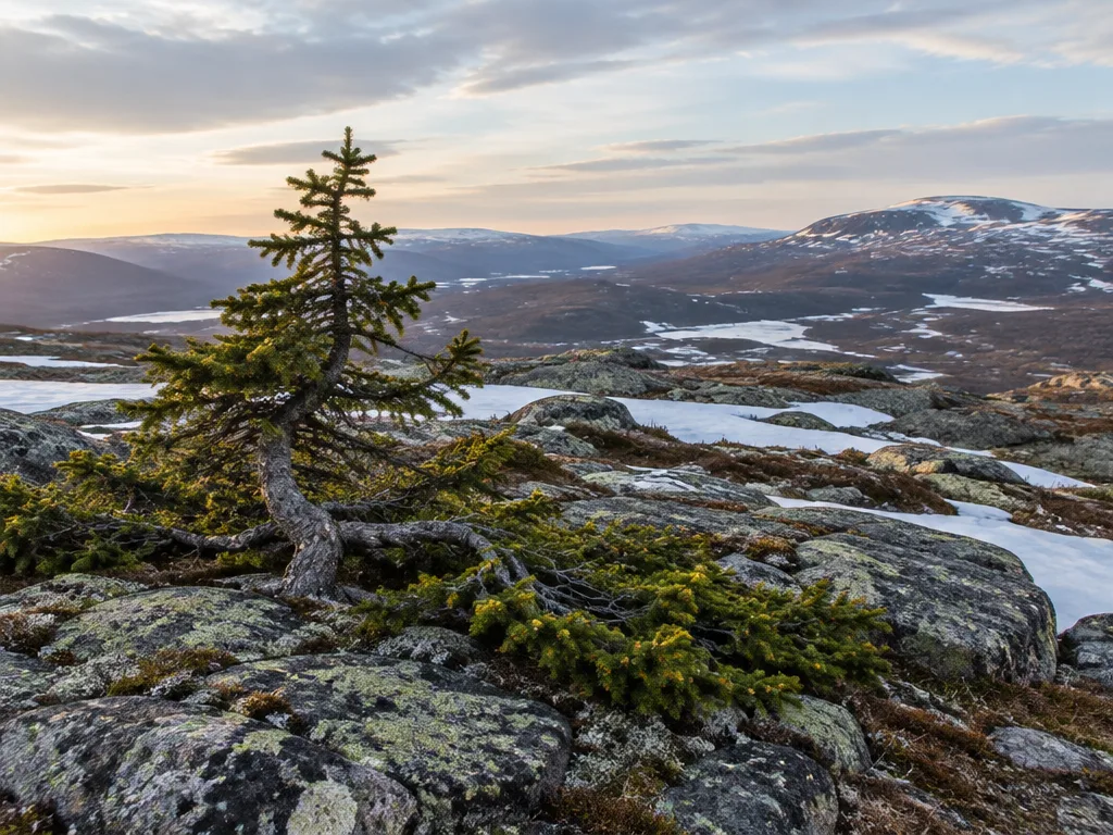 Låg, knotig gran med krypande grenar på en kal fjällplatå med lavklädda stenar och snöfläckar