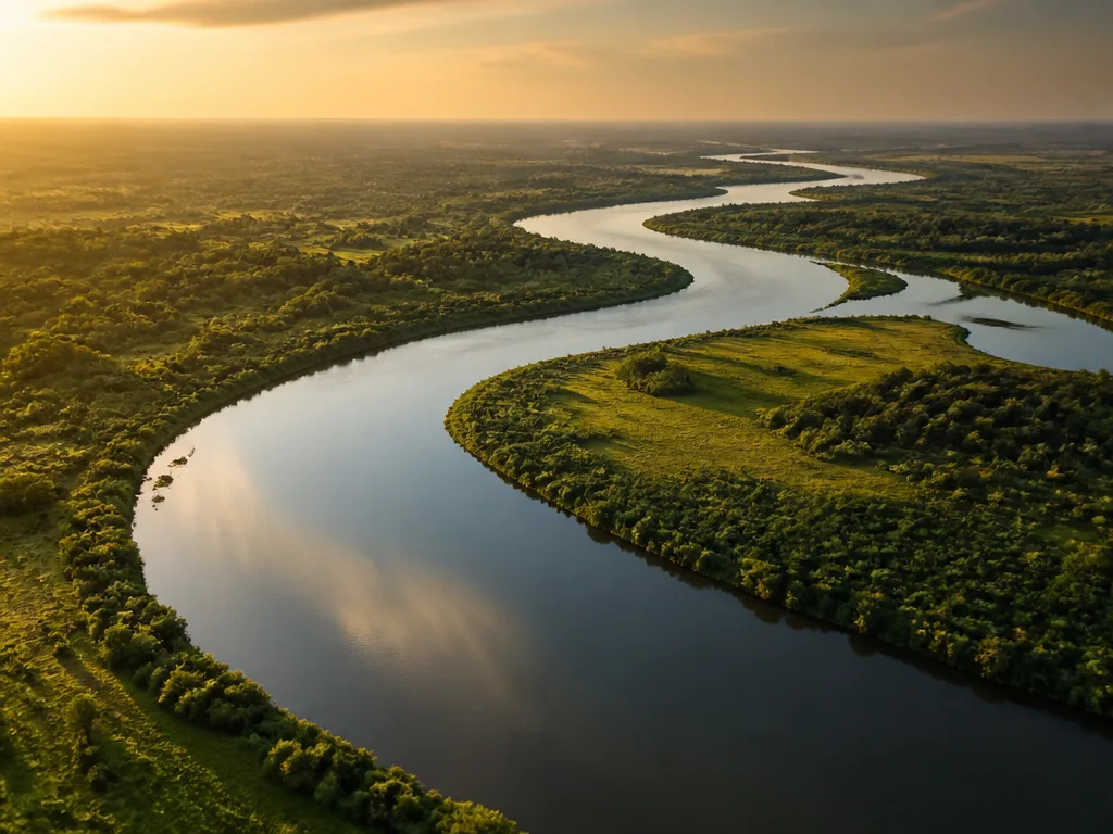 Flygbild över en slingrande flod genom ett grönt landskap i gyllene kvällsljus