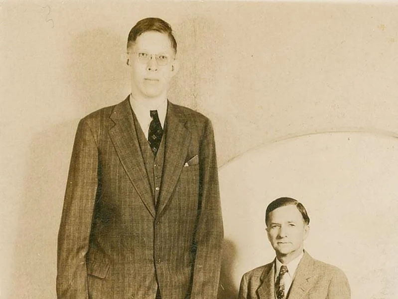 Sepiafärgat vykortsfoto av Robert Wadlow i kostym och glasögon, stående bredvid sin sittande far