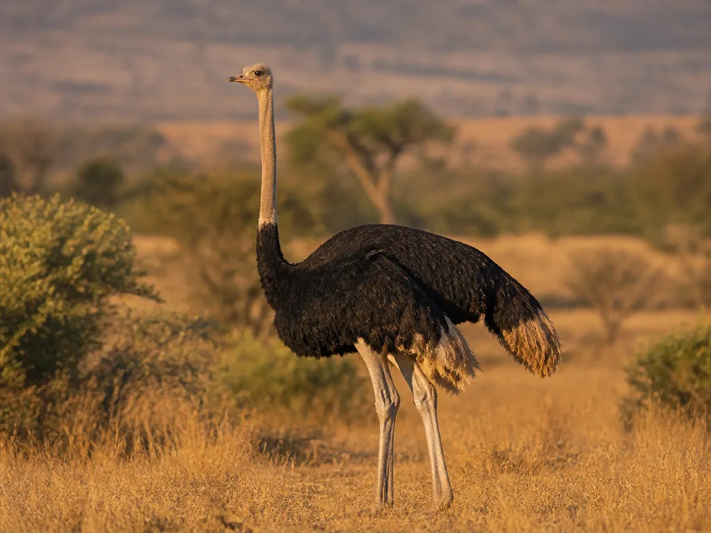 Struts, världens största fågel, står på den afrikanska savannen i kvällsljus