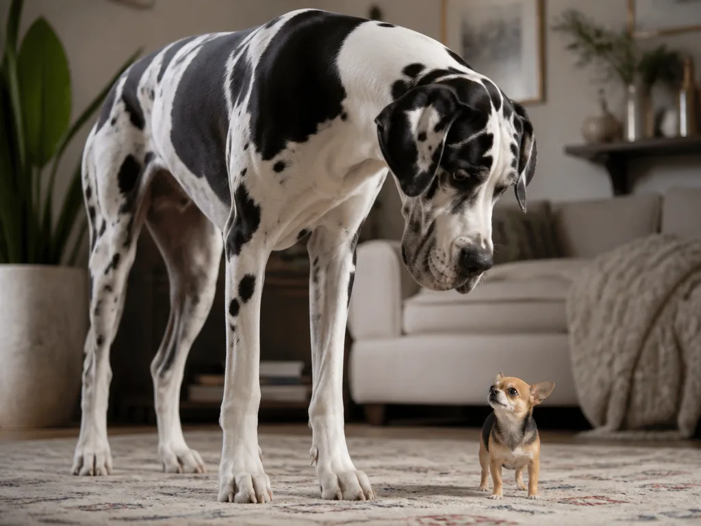 Stor grand danois-hund står bredvid en mycket liten chihuahua för att visa storleksskillnaden