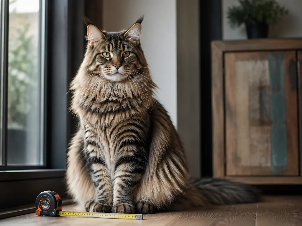 Stor fluffig maine coon-katt sitter på ett trägolv bredvid ett måttband